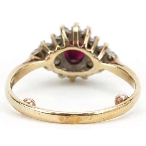 2150 - 9ct gold ruby and diamond cluster ring, size I, 1.8g