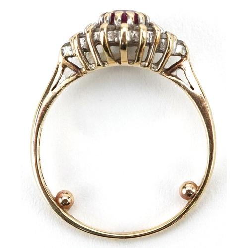 2150 - 9ct gold ruby and diamond cluster ring, size I, 1.8g