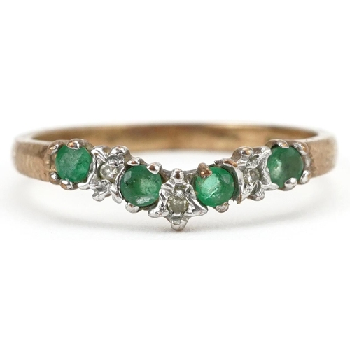 2717 - 9ct gold diamond and emerald wishbone ring, size K/L, 1.1g