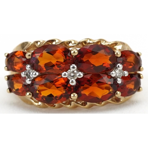 2178 - 9ct gold garnet and diamond three row cluster ring, size J, 3.1g