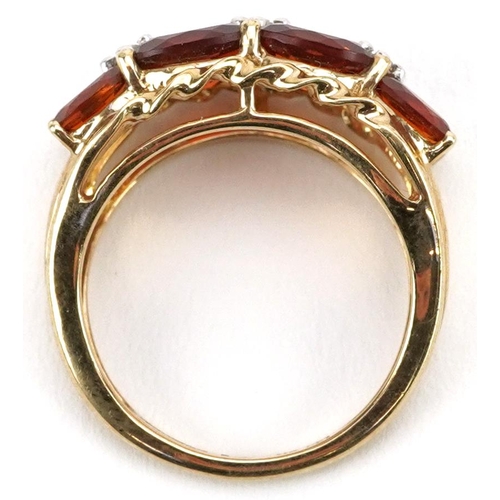 2178 - 9ct gold garnet and diamond three row cluster ring, size J, 3.1g