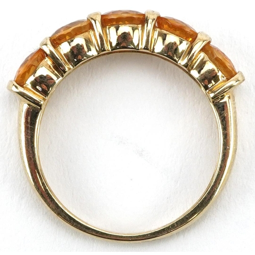 2166 - 9ct gold citrine five stone ring, size J, 1.8g