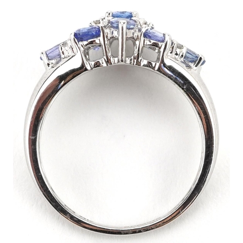 2097 - 9ct white gold tanzanite and diamond cluster ring, size J, 2.7g