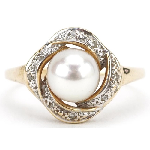 2114 - 9ct gold cultured pearl and diamond ring, size K, 2.3g