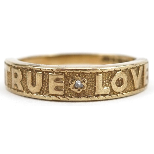 2787 - 9ct gold True Love ring set with a diamond, size M, 2.7g