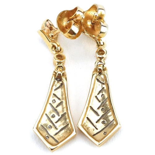 2604 - Pair of Art Deco style 14ct gold diamond drop earrings, 2.8cm high, 3.1g