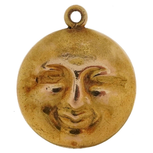 2198 - Unmarked gold happy and sad face charm, 15mm in diameter, 1.7g