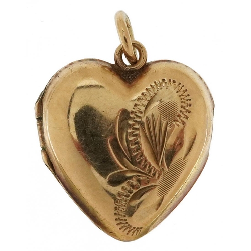 2682 - 9ct gold engraved love heart locket, 1.5cm high, 1.4g