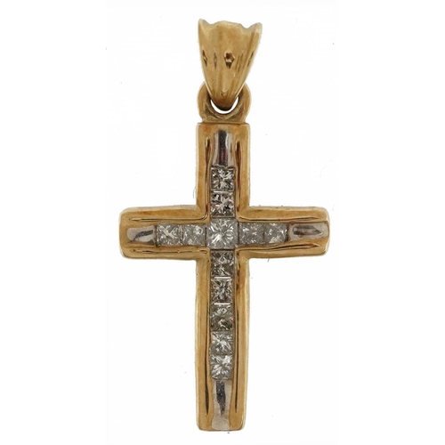 2211 - 10ct two tone gold diamond cross pendant, 2.5cm high, 1.6g