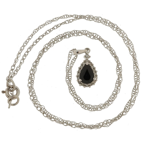 2043 - 9ct white gold diamond and sapphire teardrop pendant on a 9ct white gold necklace, 1.8cm high and 46... 