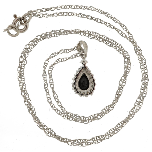 2043 - 9ct white gold diamond and sapphire teardrop pendant on a 9ct white gold necklace, 1.8cm high and 46... 