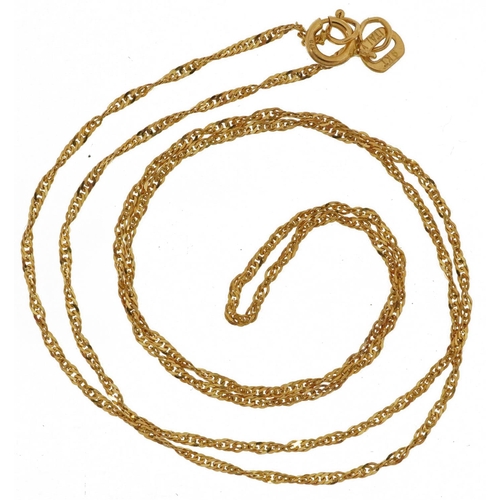 2592 - 9ct gold fine twisted curb link necklace, 40cm in length, 0.8g