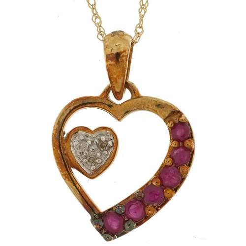 2159 - Unmarked gold diamond and ruby love heart pendant on a 9ct gold necklace, 2cm high and 44cm in lengt... 