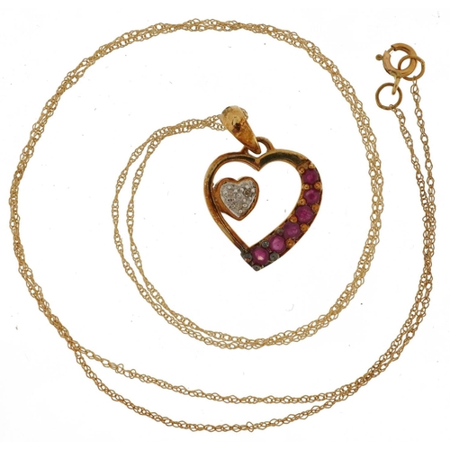 2159 - Unmarked gold diamond and ruby love heart pendant on a 9ct gold necklace, 2cm high and 44cm in lengt... 