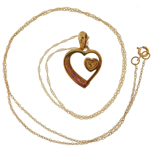 2159 - Unmarked gold diamond and ruby love heart pendant on a 9ct gold necklace, 2cm high and 44cm in lengt... 