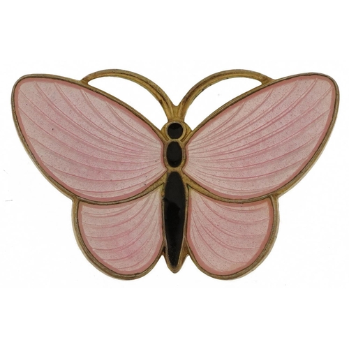 2120 - Marius Hammer, Norwegian 925S sterling silver gilt and pink guilloche enamel butterfly brooch, 2.8cm... 