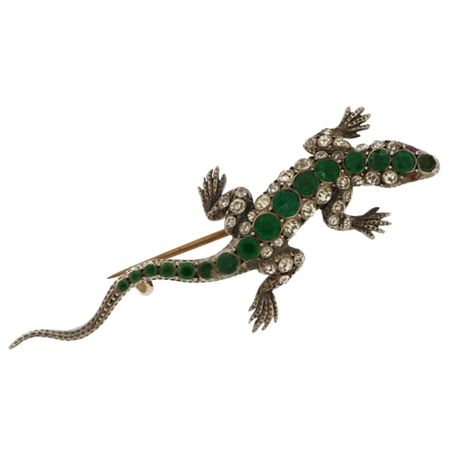 2078 - Vintage silver green and clear paste lizard brooch, 6cm in length, 10.0g