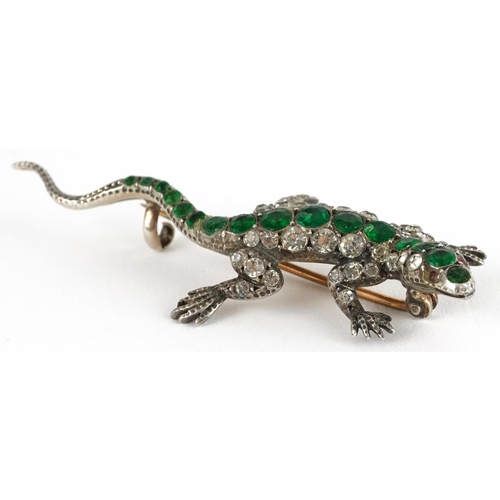 2078 - Vintage silver green and clear paste lizard brooch, 6cm in length, 10.0g