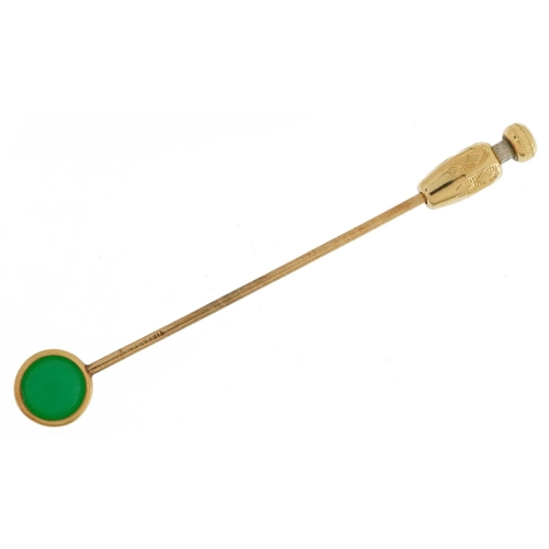 2756 - Tiffany & Co, unmarked gold green stone stickpin with box, tests as 14ct gold, housed in an S Kind &... 