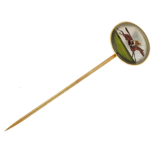 2003 - 14ct gold Essex Crystal jockey on horseback stickpin, 6cm in length, 3.6g