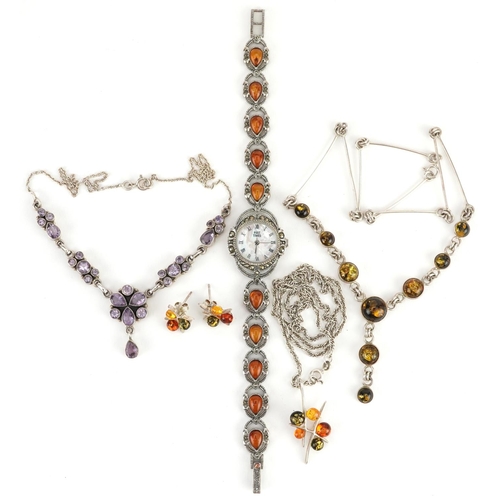 2678 - Silver jewellery comprising three amber necklaces, amethyst necklace and marcasite and amber wristwa... 