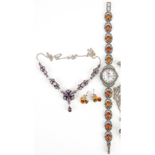 2678 - Silver jewellery comprising three amber necklaces, amethyst necklace and marcasite and amber wristwa... 