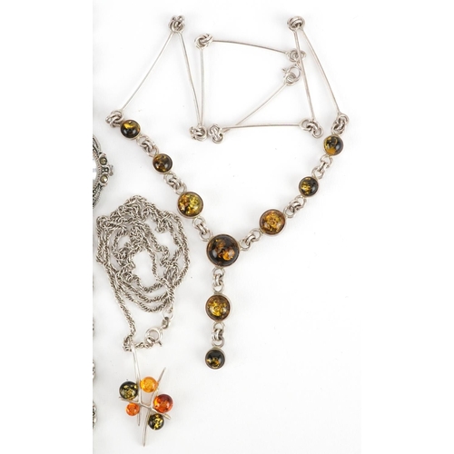 2678 - Silver jewellery comprising three amber necklaces, amethyst necklace and marcasite and amber wristwa... 