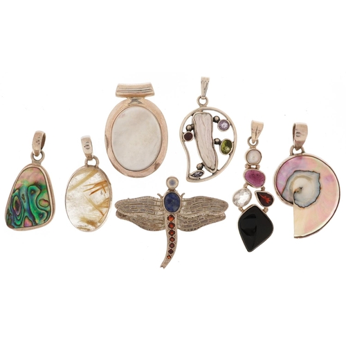 2782 - Six silver pendants set with semi precious stones and a Modernist silver dragonfly brooch set with s... 