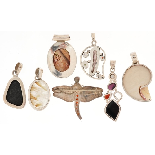 2782 - Six silver pendants set with semi precious stones and a Modernist silver dragonfly brooch set with s... 