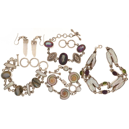 2714 - Silver semi precious stone jewellery comprising four bracelets and a pair of earrings, 102.0g