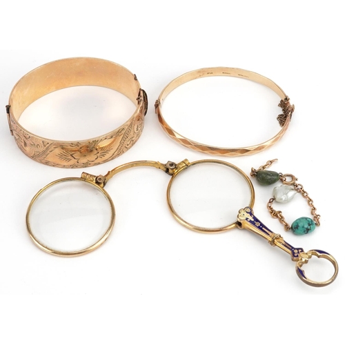 2765 - Antique and later jewellery and objects comprising a pair of gold plated and blue enamel folding lor... 