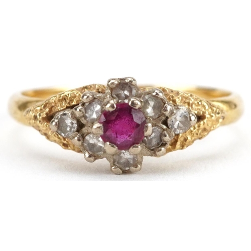 2660 - 18ct gold ruby and diamond cluster ring with naturalistic shoulders, size N, 3.2g