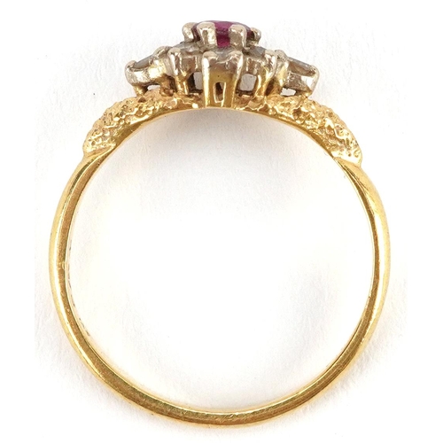 2660 - 18ct gold ruby and diamond cluster ring with naturalistic shoulders, size N, 3.2g