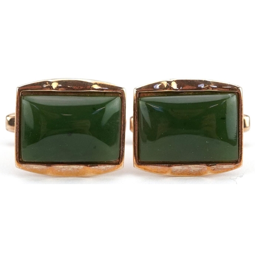 2697 - Pair of 9ct gold green jade cufflinks housed in a Master Crafts New Zealand jeweller's box, 2cm in l... 