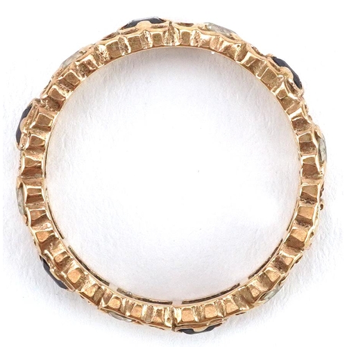 2024 - Unmarked gold sapphire and white spinel eternity ring, tests as 9ct gold, size L/M, 2.2g