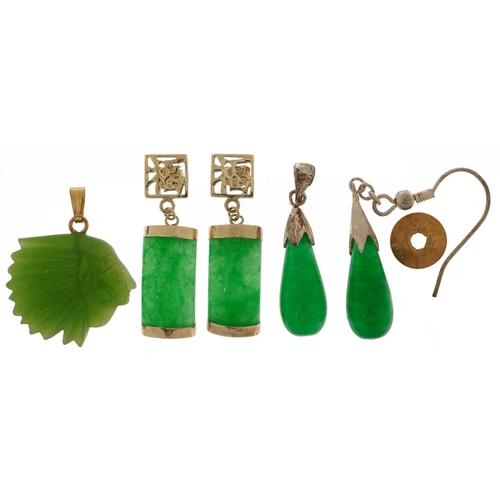 2734 - Jade jewellery including a pair of Chinese earrings with white metal mounts, total weight 11.5g