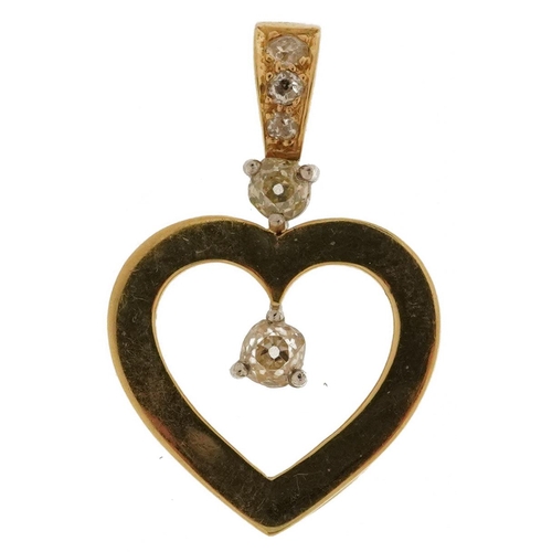 2065 - 18ct gold love heart diamond pendant, the largest diamond approximately 0.24 carat, 3cm high, 3.7g