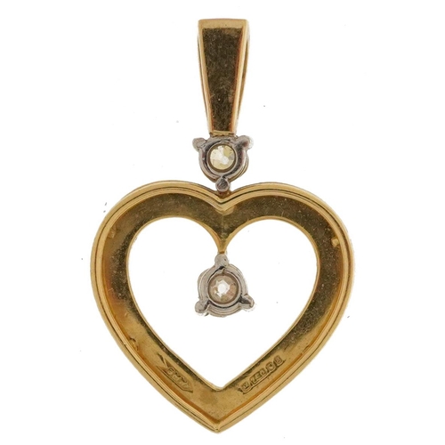 2065 - 18ct gold love heart diamond pendant, the largest diamond approximately 0.24 carat, 3cm high, 3.7g