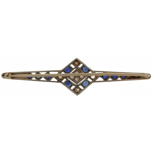 2692 - Art Deco unmarked white gold diamond and sapphire bar brooch, tests as 9ct gold, the larger diamonds... 