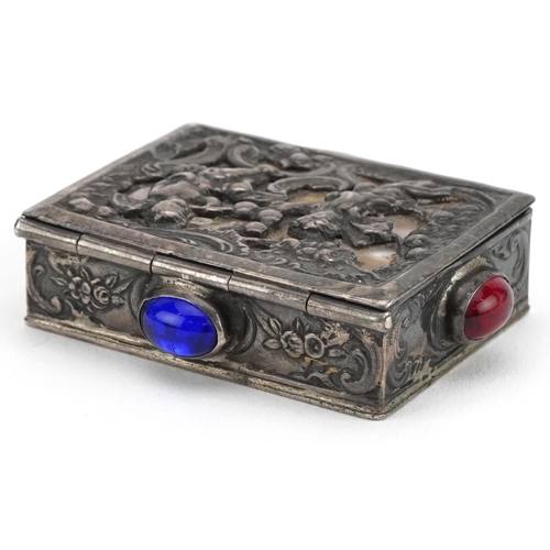 11 - Kurz of Kesselstadt, German silver and mother of pearl snuff box set with blue and red cabochons, th... 