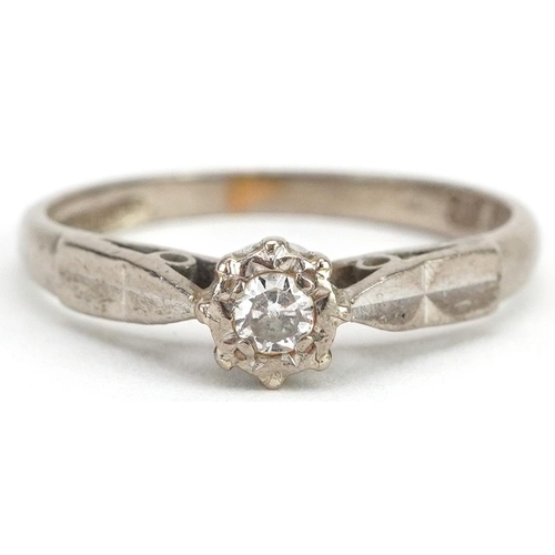 2112 - 18ct white gold diamond solitaire ring, the diamond approximately 2.30mm in diameter, size J, 2.3g