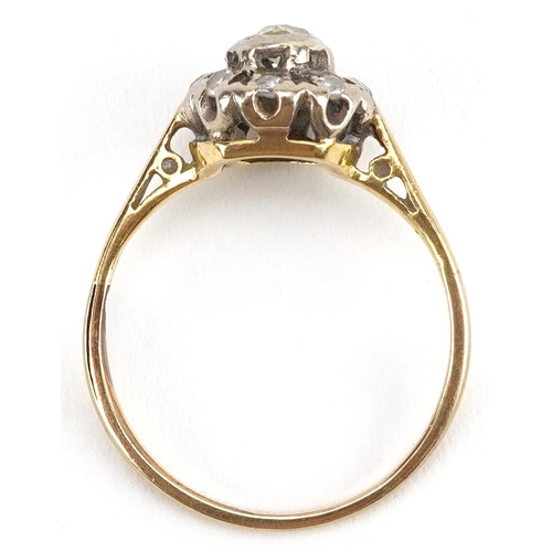 2057 - Unmarked gold diamond two tier cluster ring, tests as 18ct gold, the largest diamond approximately 2... 