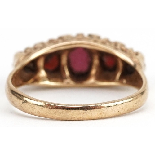 2022 - Victorian style 9ct gold graduated garnet five stone ring, the largest garnet approximately 6.6mm x ... 