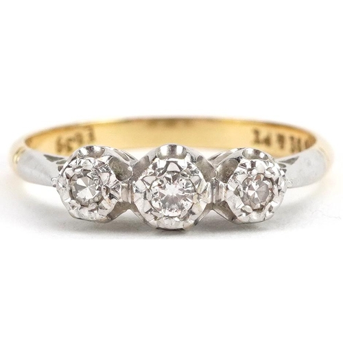 2105 - 18ct gold and platinum diamond three stone ring, the largest diamond approximately 2.4mm in diameter... 