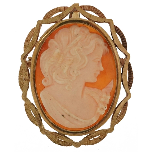 2189 - 9ct gold cameo shell pendant brooch carved with a maiden head, 3.7cm high, 4.7g