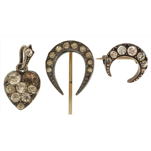 2685 - Vintage 900 grade silver moon crest stickpin and brooch set with clear stones and a similar love hea... 