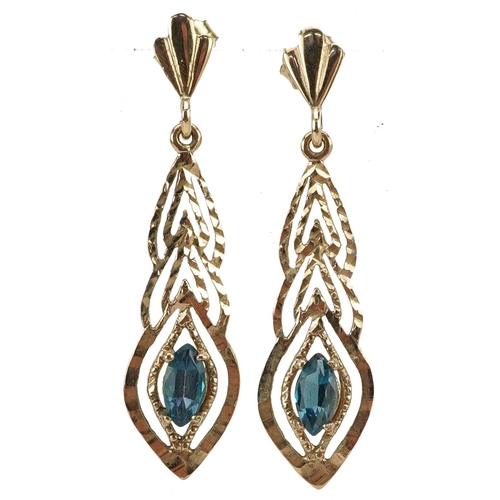 2800 - Pair of 9ct gold blue spinel drop earrings, 3.5cm high, 1.6g