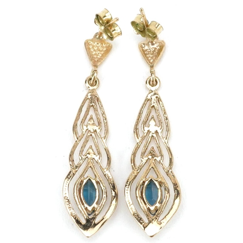 2800 - Pair of 9ct gold blue spinel drop earrings, 3.5cm high, 1.6g