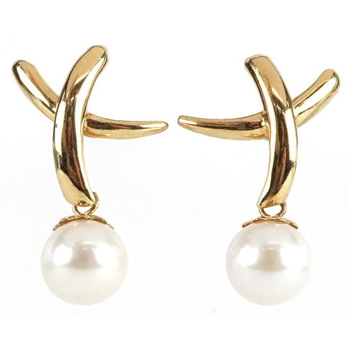 2062 - Pair of 14ct gold pearl drop earrings, possibly Mikimoto, 2.3cm high, 4.0g