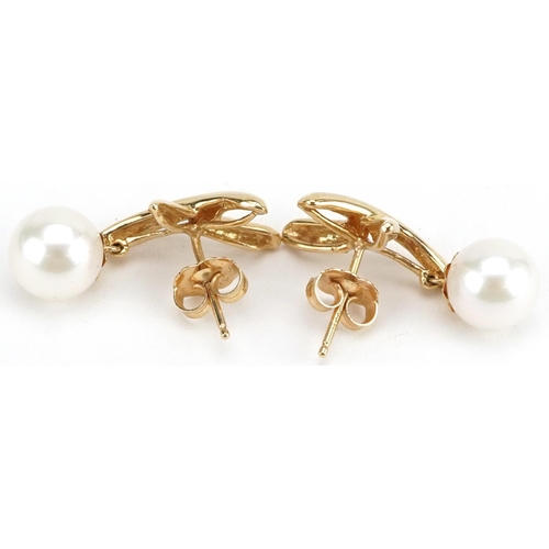 2062 - Pair of 14ct gold pearl drop earrings, possibly Mikimoto, 2.3cm high, 4.0g